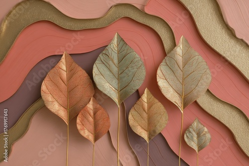 Golden and muted tones embellish a layered design featuring delicate leaves, set against a backdrop of swirling colors.