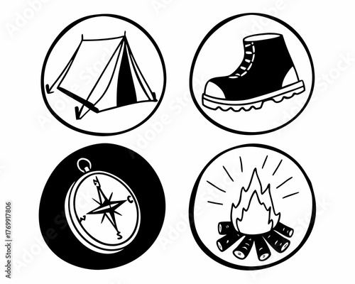 Camping essentials icons, including tent and compass