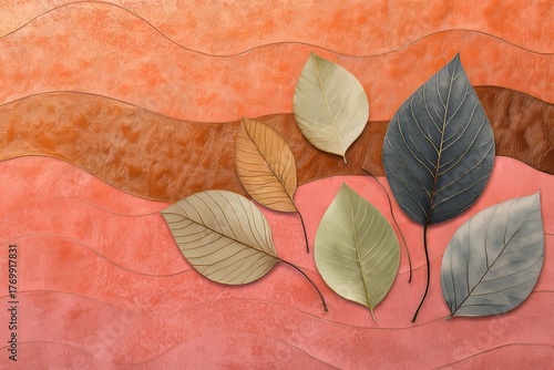 Multicolored autumn leaves arranged on a textured surface with flowing lines.
