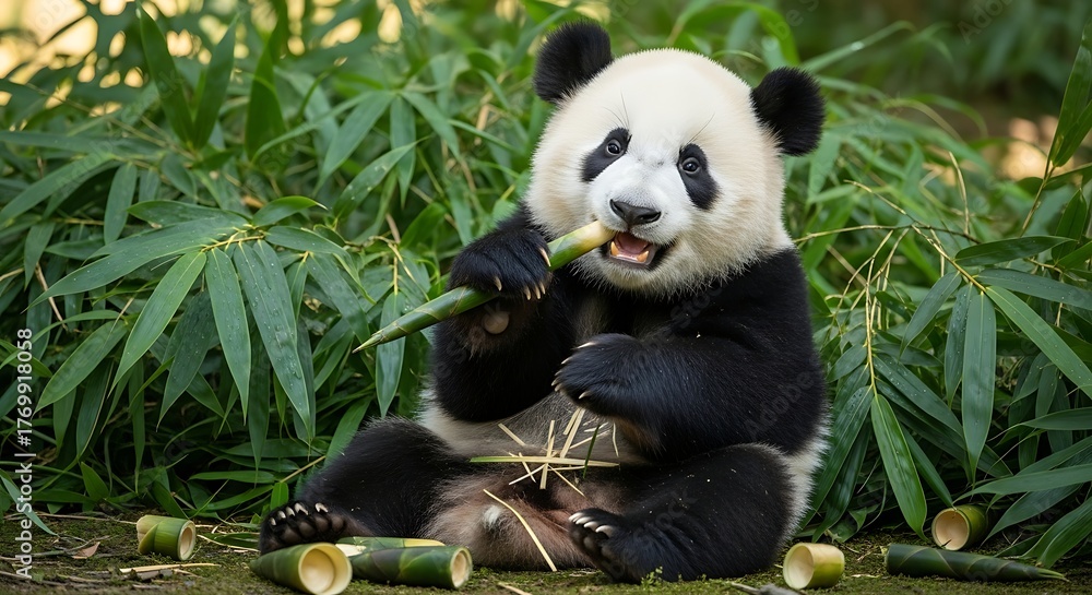 Obraz premium Giant panda eating bamboo shoots in a lush green environment.