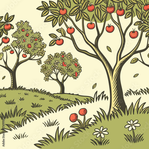 Illustration of an apple orchard with trees full of ripe, red apples