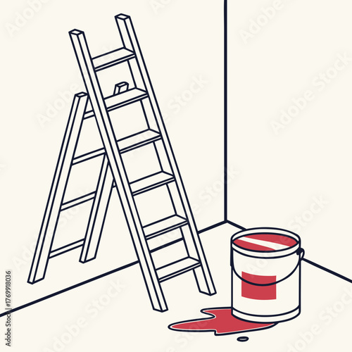 Ladder and paint can in a corner of a room
