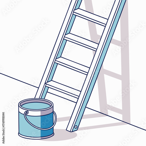 Ladder and paint can leaning against a wall