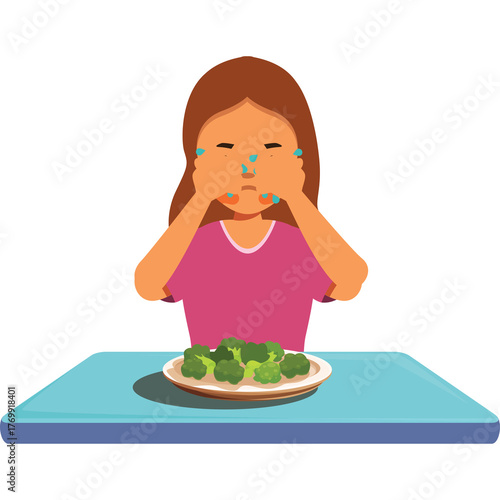 Young Woman With Brown Hair Wearing Pink Shirt Pushing Broccoli Away With Both Hands On A Blue Table With White Plate Of Broccoli Transparent Background