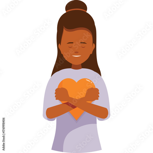 Young Woman with Brown Skin and Hair Hugs an Orange Heart Close to Her Chest Eyes Closed in a Moment of Self-Love and Peace on a Transparent Background