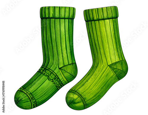 Two green socks, one patterned, sit on a black background. The texture shows vertical lines