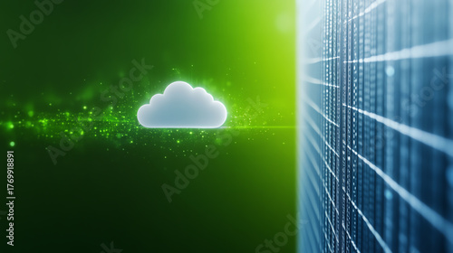 A futuristic cloud computing concept illustrating data transfer with a green backdrop and digital grid design.