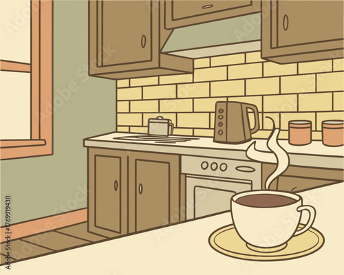 A cup of coffee steaming on a kitchen counter with cabinets and appliances