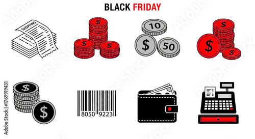 Finance and Payment Black Friday Flat Vector Icon Set