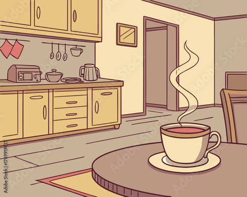 A cup of coffee steaming on a table in a cozy kitchen interior scene