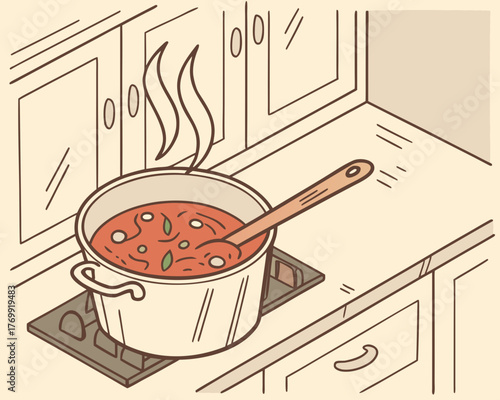 A pot of soup is cooking on the stove in a kitchen setting