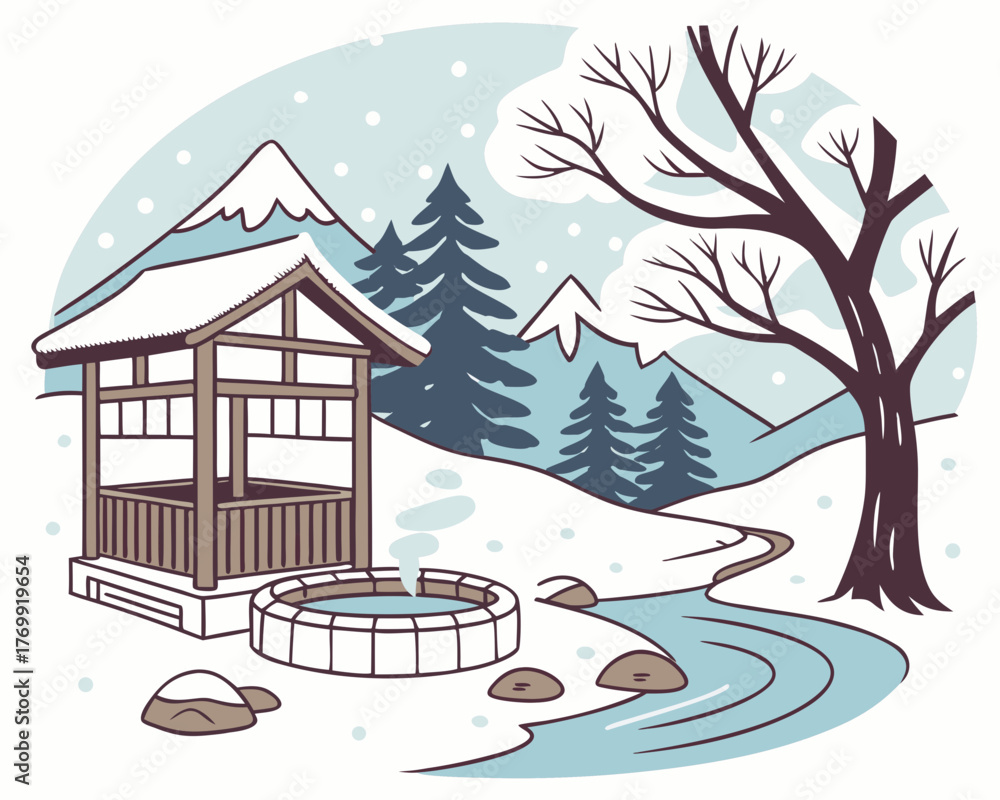 Fototapeta premium Illustration of a winter landscape with hot spring and wooden shelter