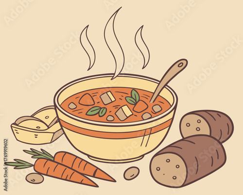 Illustration of a bowl of soup with bread and carrots on a beige background