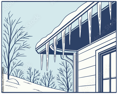 Icicles hang from the roof of a house in the winter