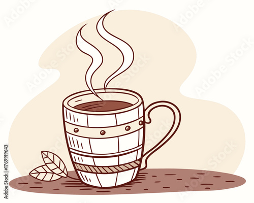 Illustration of a steaming cup of coffee with a decorative design element