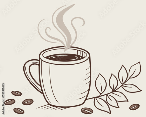 Illustration of a steaming cup of coffee with coffee beans and leaves