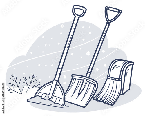 Illustration of snow shovels and broom for winter cleaning