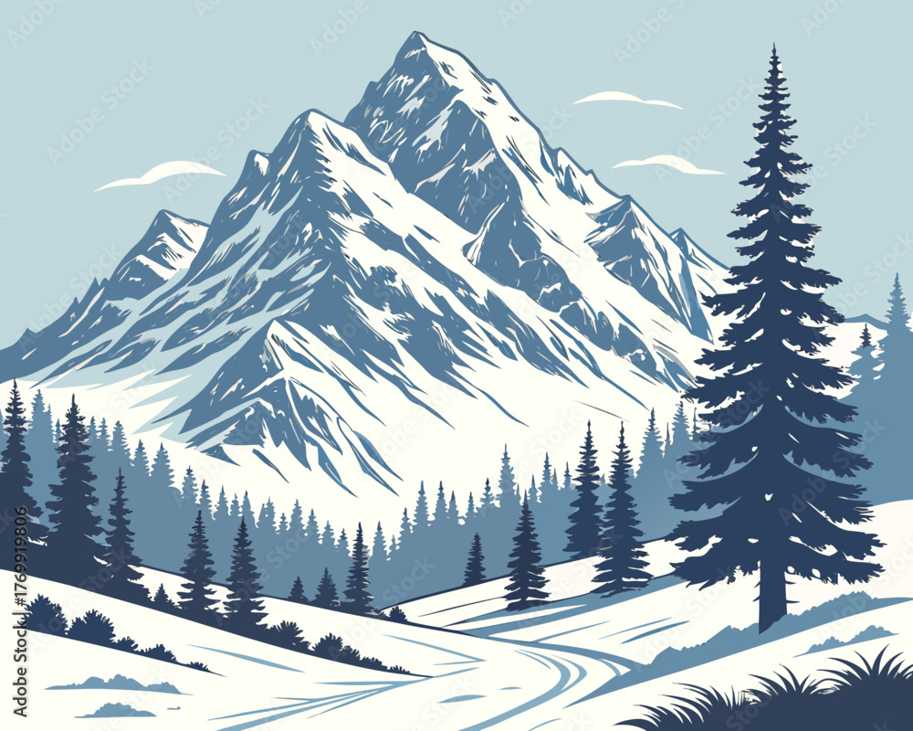Fototapeta premium Snowy mountain landscape with pine trees and a winding road in winter