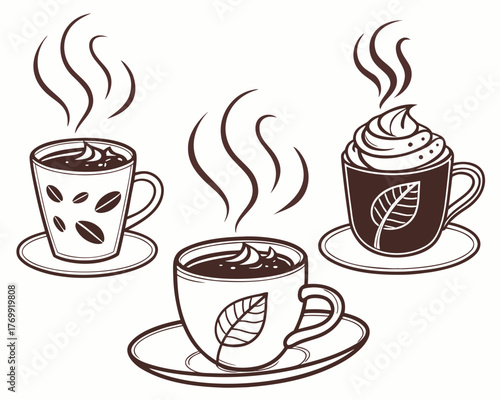 Three steaming cups of coffee with different designs