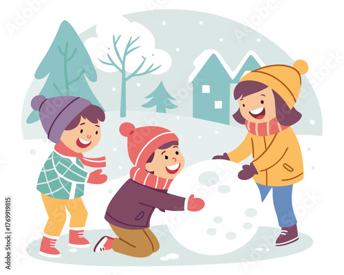Three children are playing in the snow and making a big snowball