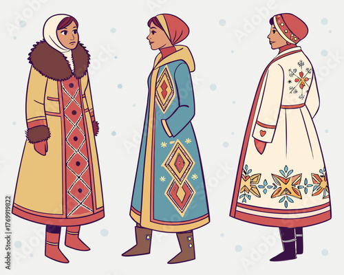Three women in traditional winter clothing