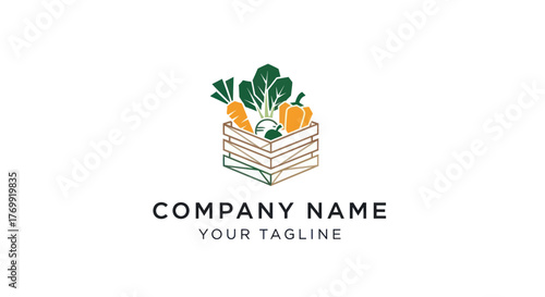 Fresh Organic Vegetables in Wooden Crate Logo Design.