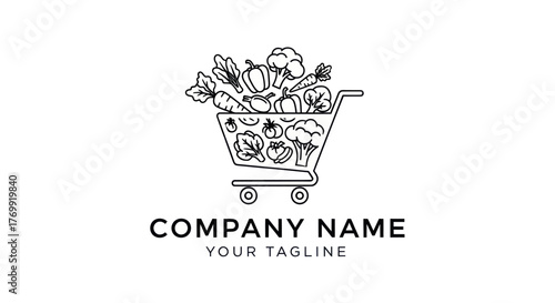 Shopping Cart Overflowing with Fresh Vegetables and Greens in a Line Art Style.