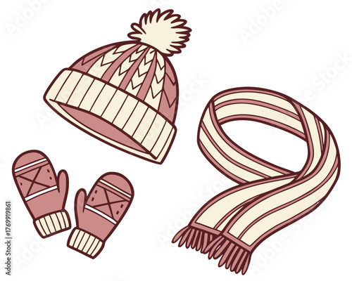 Winter hat, scarf, and mittens for cold weather