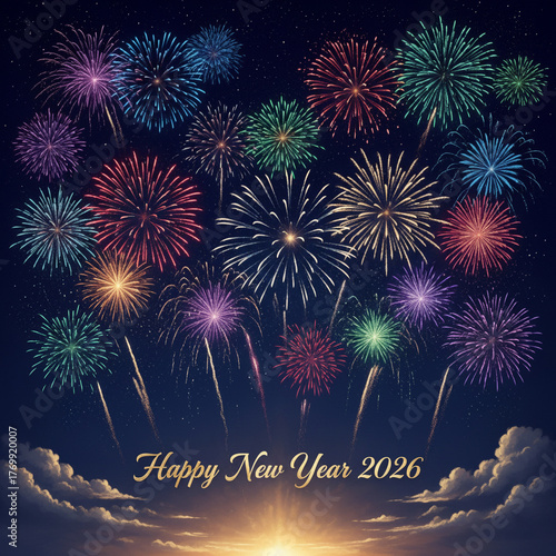 Fireworks bursts with Happy New Year 2026