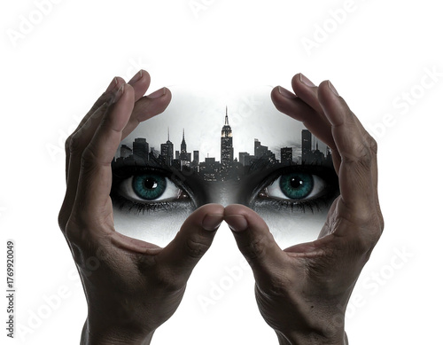 Two hands framing a city skyline overlaid with two eyes, all set against a black backdrop creating a unique visual