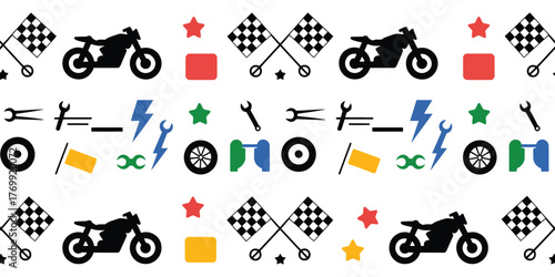 set of colorful motorcycle racing and mechanic icons including checkered flags stars and tools on a light background perfect for vector illustrations automotive decoration and racing design graphics