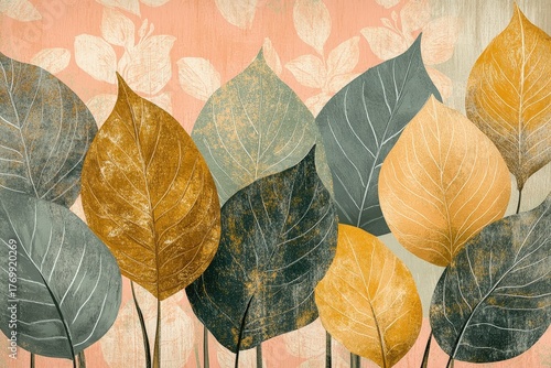 A collection of stylized leaves in muted gold, gray, and dusky orange tones against a soft pink floral backdrop.