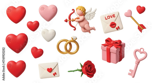 Valentines day collection of hearts, cupid, rings, rose, gift, key