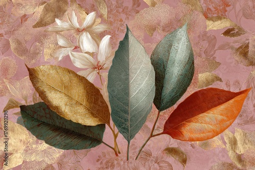 An arrangement of opulent leaves and blossoms in gold, teal, and rust hues, set against a delicate blush backdrop.