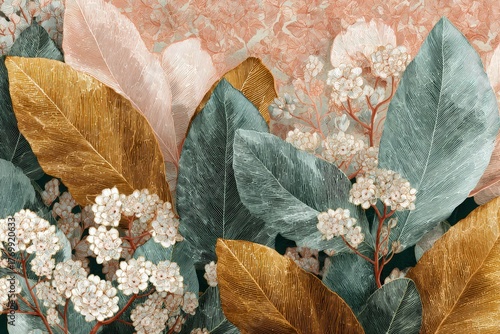 A detailed botanical design featuring delicate, textured leaves in shades of gold, teal, and pink, accented by clusters of small, airy flowers in a soft white hue.