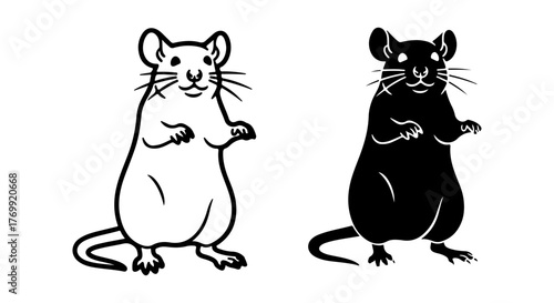 Two stylized mice one white one black standing on hind legs