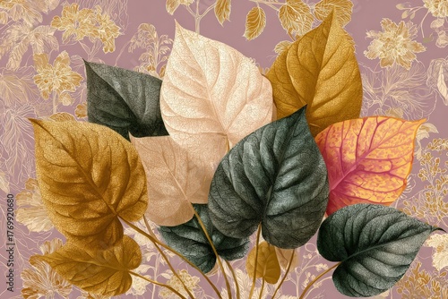 A bouquet of vibrant autumn leaves in muted, dusty tones, set against a backdrop of delicate floral illustrations.
