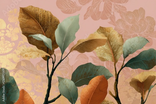 A lush, detailed botanical print showcases branches adorned with leaves in warm golds, muted greens, and earthy oranges, set against a delicate blush-pink background.