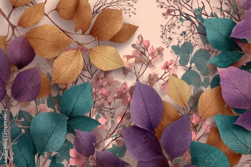 A colorful arrangement of delicate, textured leaves and blossoms in muted tones creates a serene and elegant design.