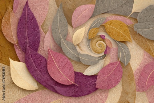 A spiral design of textured leaves in warm autumnal colors, showcasing a swirling pattern and intricate details.