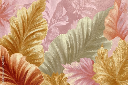 A rich, textured design showcases a multitude of leaves in warm gold, rosy, and muted green hues, rendered with a delicate, almost painterly style, creating a visually appealing and sophisticated...