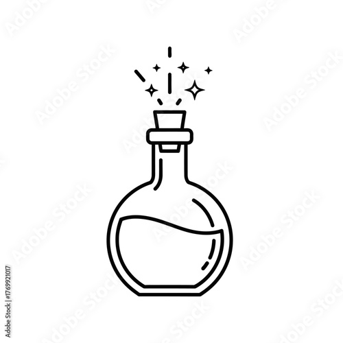 Outline Magic Potion Bottle Icon. Simple line drawing of an elixir or poison flask with sparkling effect. Concept of alchemy, witchcraft, and spells.