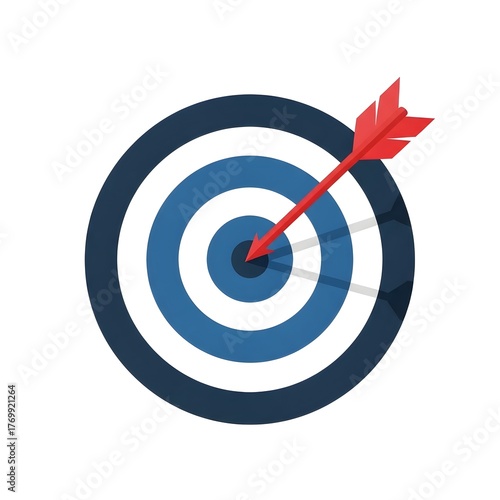 A red arrow with fletching hits the exact center bullseye of a target.
