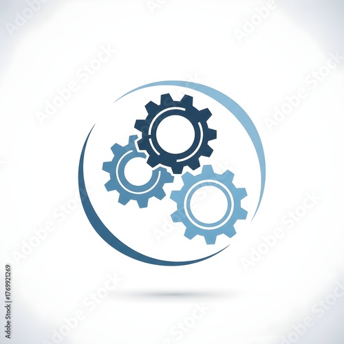 Three blue gears interlocking within a circular arc, symbolizing mechanics, engineering, and industrial processes on a white background.