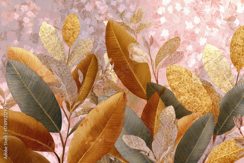 A richly detailed floral design featuring a profusion of autumnal leaves in warm golden, bronze, and muted green hues, set against a delicate blush pink backdrop.