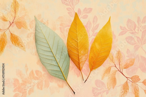 Three colorful autumn leaves rest atop a delicate, patterned background of pastel colors.