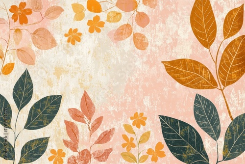 A delicate floral design, featuring muted autumnal colors, showcasing leaves and blossoms on a textured background.