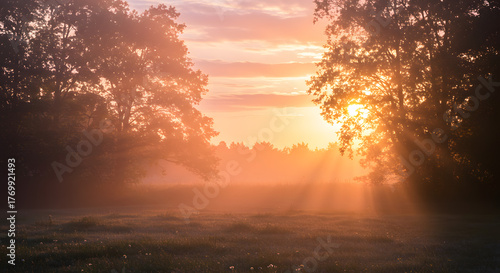 Sunlight Streaming Through Trees at Dawn.