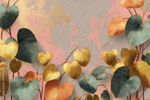 A design featuring an arrangement of heart-shaped leaves in shades of gold, teal, and orange, set against a textured backdrop of muted pinks and greys.