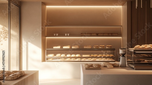A modern bakery with fresh pastries displayed.